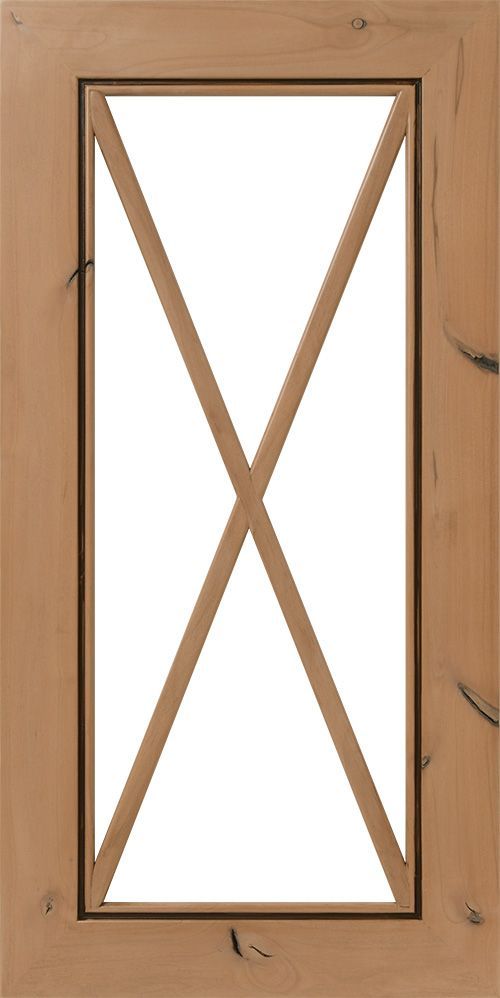 Wooden cabinet door with a white center, diagonal cross beams, and a dark border.
