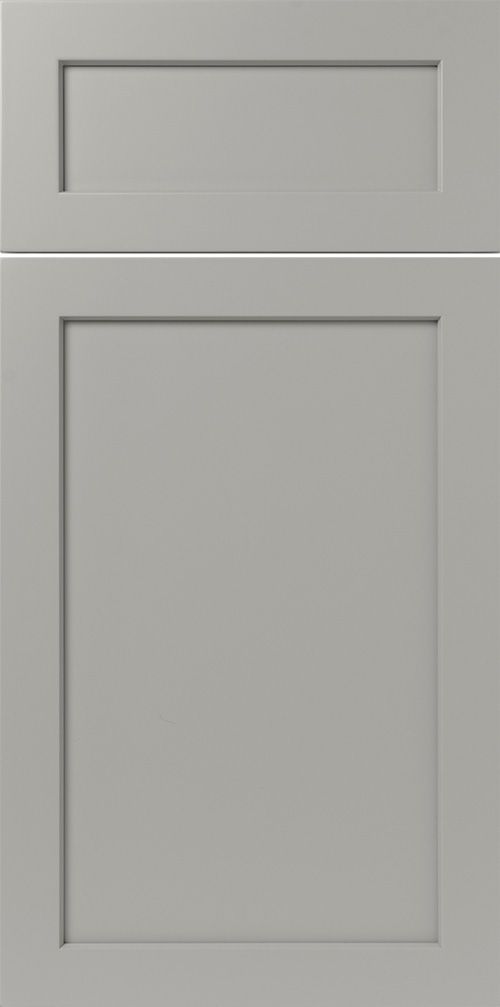 Gray cabinet door with a recessed panel and a smaller upper panel.