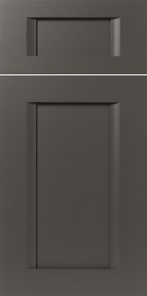 Two-tone gray cabinet door with recessed handle on the top and a recessed panel on the bottom.