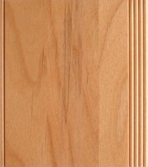 Wooden cabinet door, light brown with vertical grain and grooved edge detail.