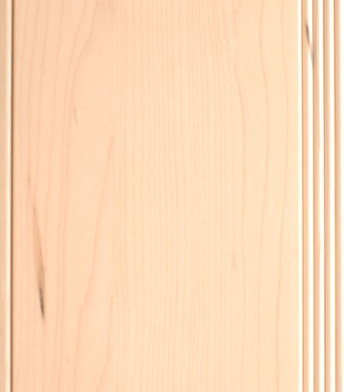 Light-colored wooden cabinet door with vertical wood grain and decorative grooved edges.