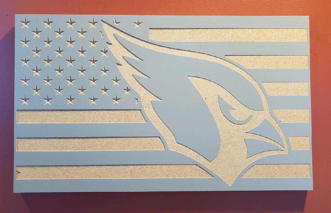 Arizona Cardinals flag, blue and silver carved wood. American flag design with team logo replacing stripes.