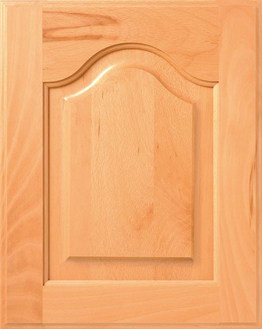 Light-colored, wooden cabinet door with a raised, arched panel and a recessed rectangular center.