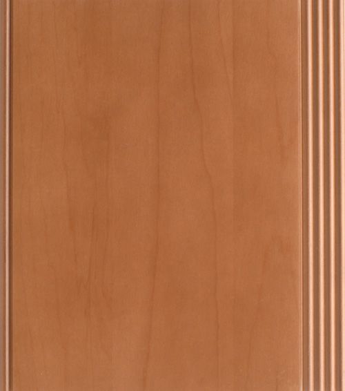 Wooden cabinet door with light brown finish and grooved edge detail.