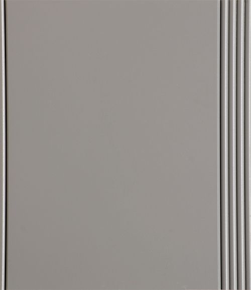 Gray cabinet door with vertical grooves on the right side.