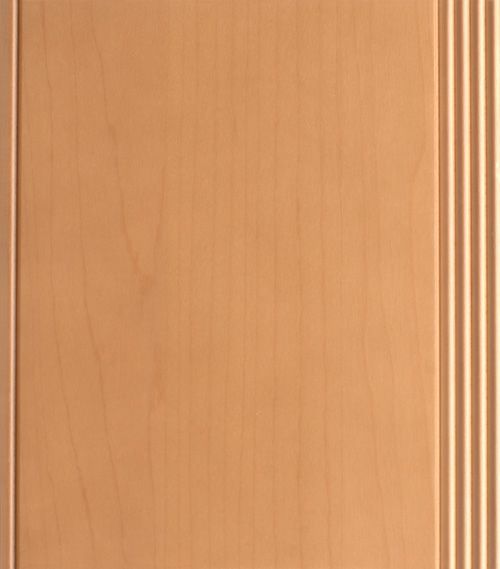 Light brown cabinet door with vertical wood grain and textured edge detailing.