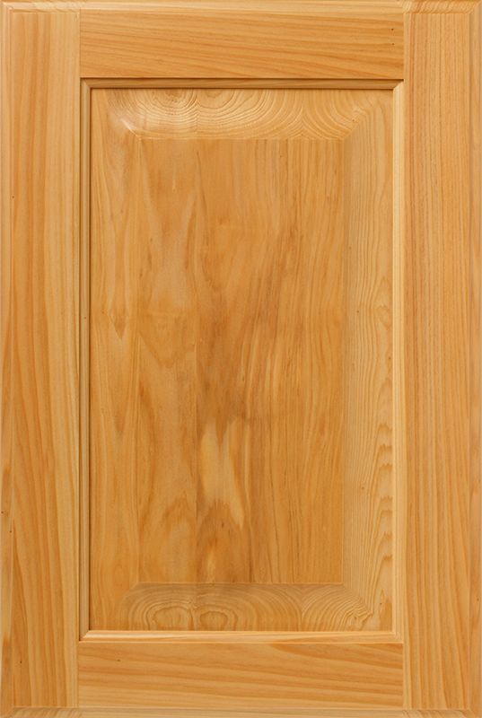 Wooden cabinet door with raised panel, natural wood color.