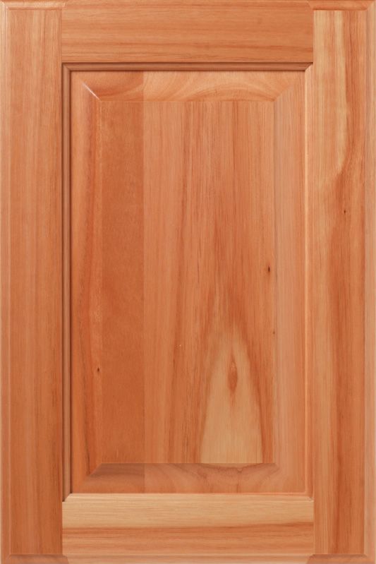 Wooden cabinet door with raised center panel, natural finish.