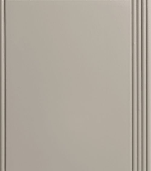 Beige cabinet door with vertical grooves on the right and left edges.