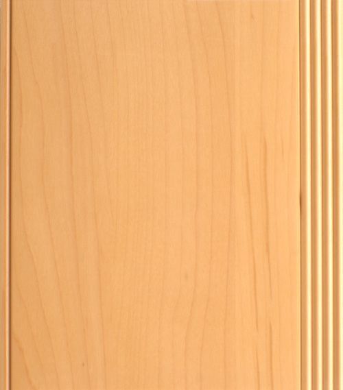 Wooden cabinet door, light brown with vertical grain. Right side features a ribbed design.