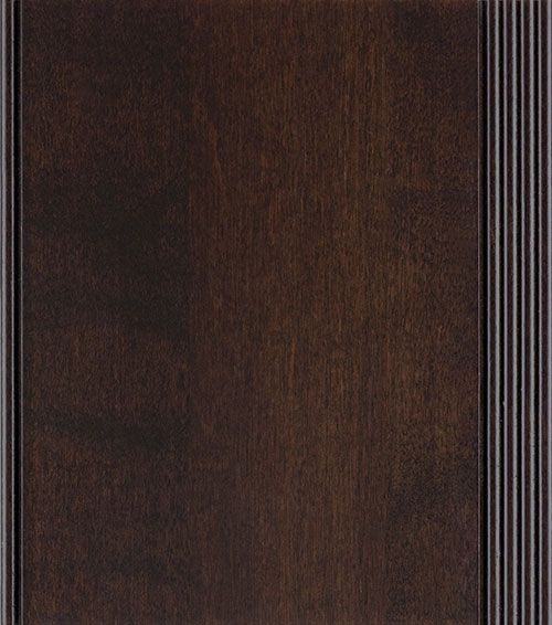 Dark brown wooden door panel with grooved vertical trim.