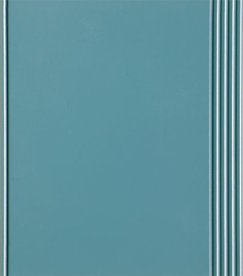 Blue wall panel with vertical raised lines on the right side.