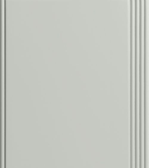 Gray cabinet door with vertical trim.