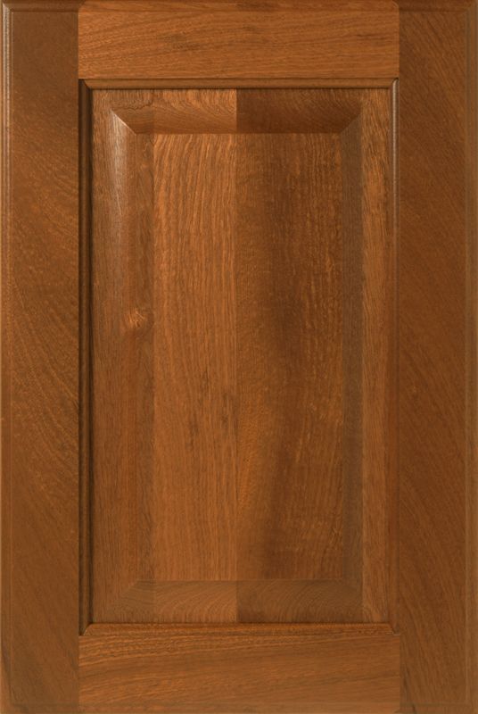Wooden cabinet door with a raised center panel, medium brown color.