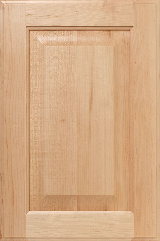 Wooden cabinet door with recessed panel and raised border, unpainted.