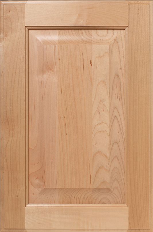 Light wood cabinet door with raised center panel.