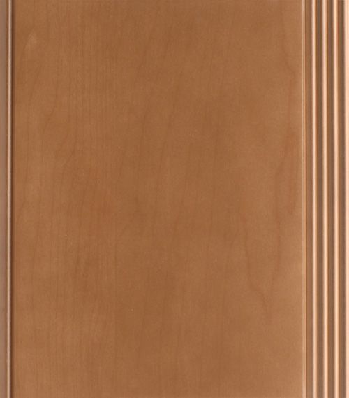 Wooden cabinet door with a flat center and vertical grooves on the right side.