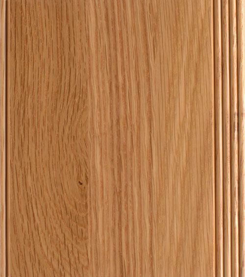 Close-up of vertical wood grain panels. One panel has a ridged edge. Natural light brown.