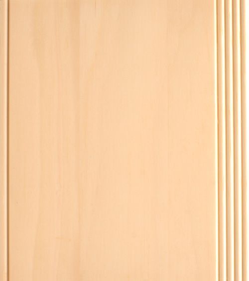 Light-colored wood cabinet door with vertical grooves on the right edge and a smooth surface.