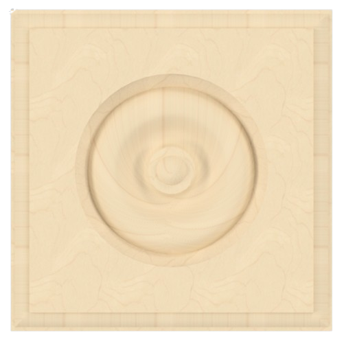 Wooden square with a circular carved design in the center, showing wood grain.