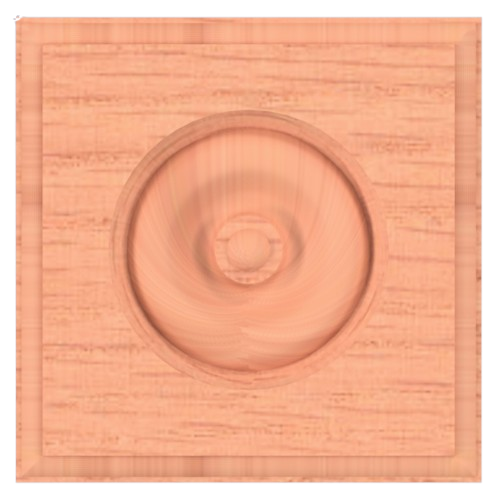 Wooden decorative block with a circular, recessed design.
