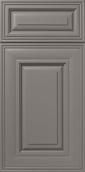 Gray cabinet door with raised panel and decorative trim.