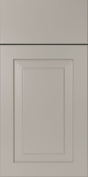 Cabinet door with gray paint and recessed panel.