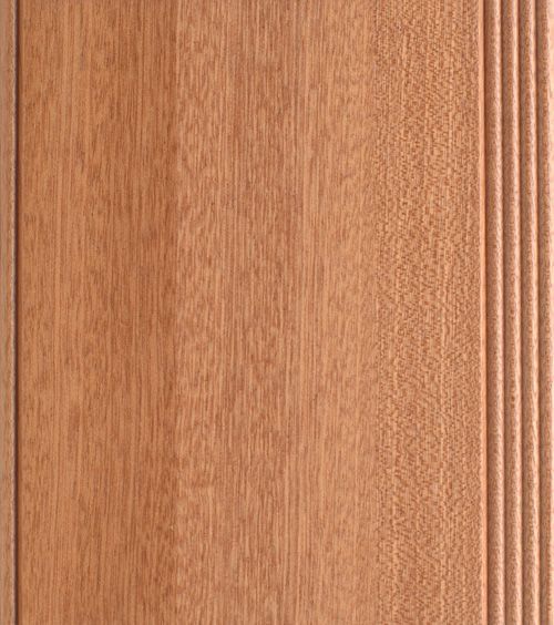 Close-up of a wooden panel with vertical wood grain, textured side detail with three parallel grooves.