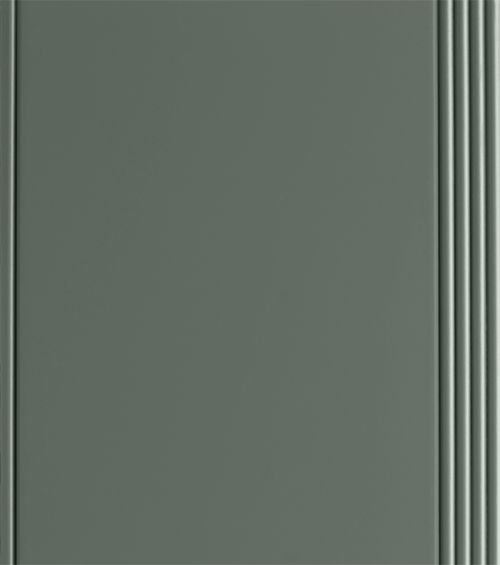 Green cabinet door with vertical grooves on the right side.