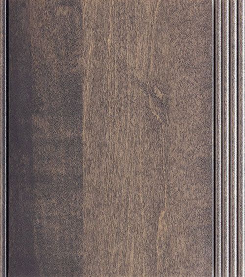 Wooden cabinet door with a grey-brown finish, vertical wood grain, and grooved edge detailing.