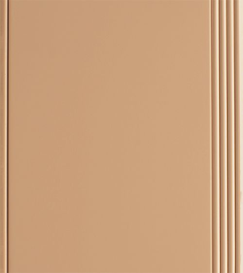 Beige cabinet door with vertical grooved trim on the right side.