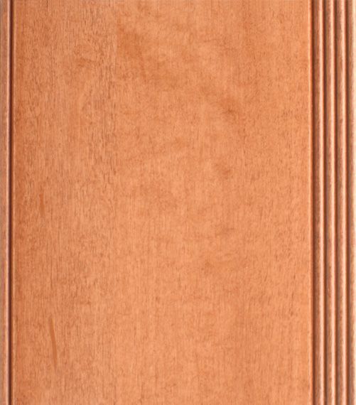 Wooden cabinet door with a reddish-brown stain and vertical grooved trim.