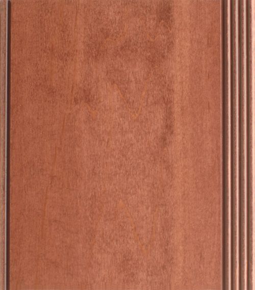 Wooden cabinet door with a reddish-brown stain and vertical grooved edges.