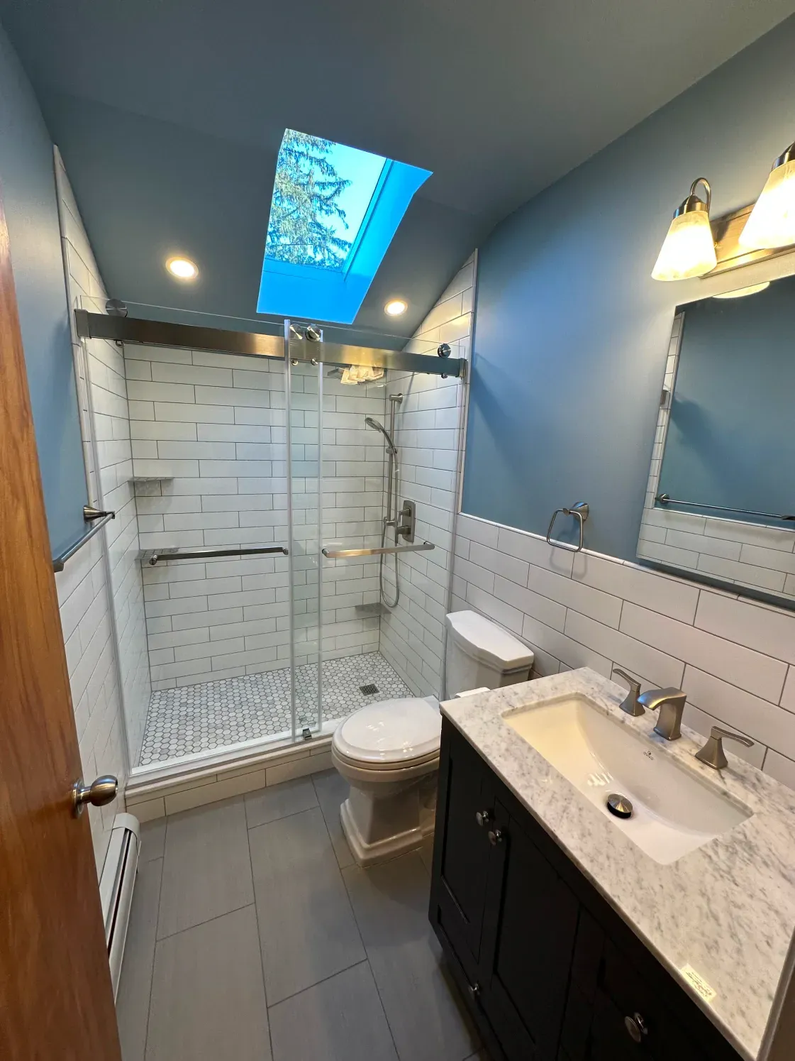 Blue bathroom with a shower, vanity, and toilet. Skylight brightens the space.