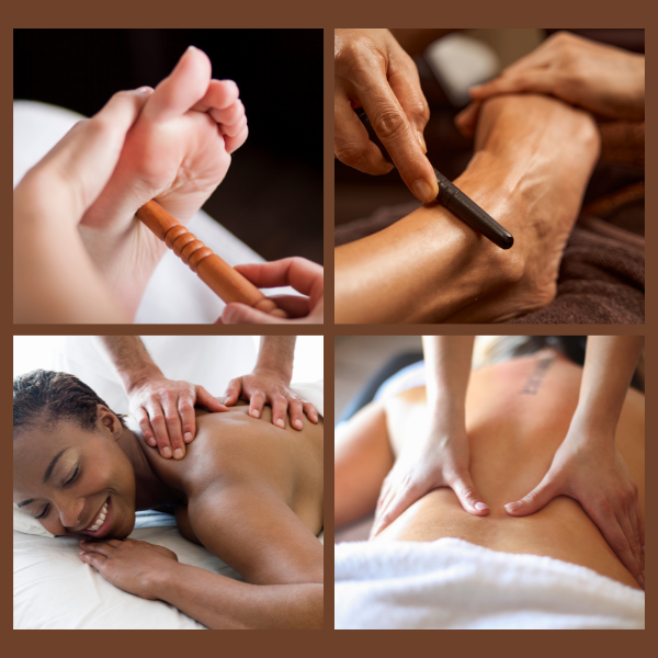 Four pictures showing reflexology and massage at Sandstone Therapeutic Massage.