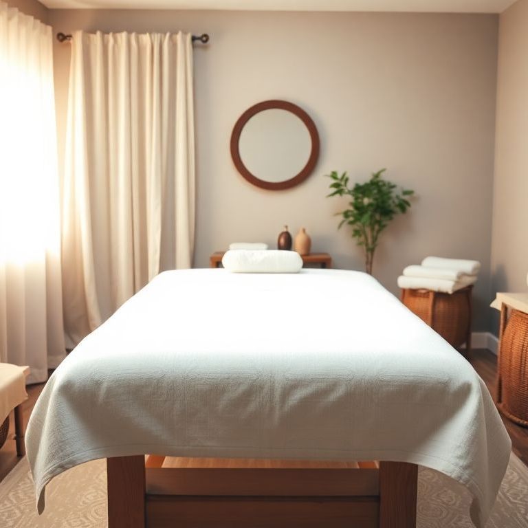 A massage table in a room with a mirror on the wall