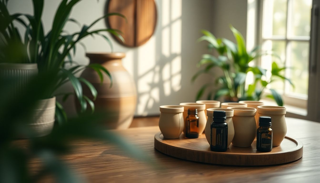 A wooden tray with bottles of essential oils and cups on it.