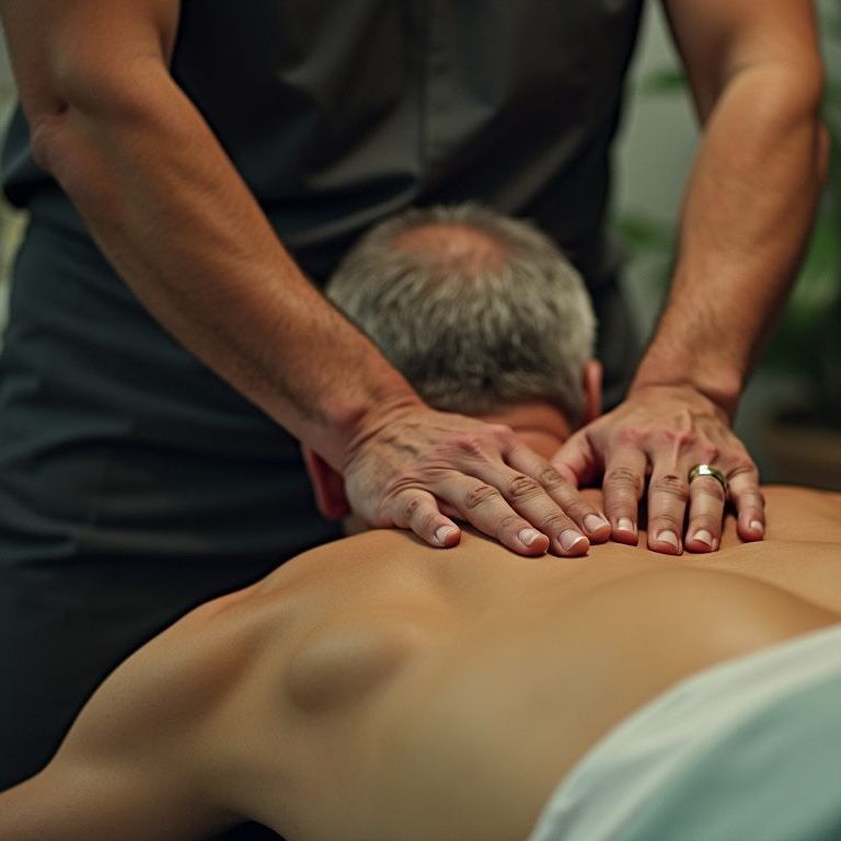 A man is giving a massage to another man, working on his back muscles.