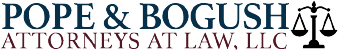 Logo for law firm "POPE & BOGUSH ATTORNEYS AT LAW, LLC" with scales of justice symbol.