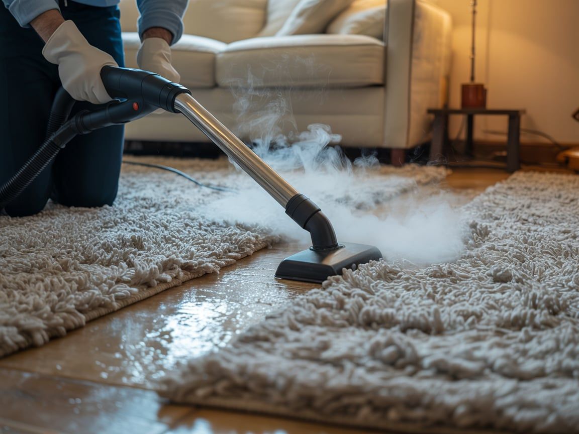 Person steam cleaning a beige carpet in a living room; gloves, couch, lamp, and side table visible.