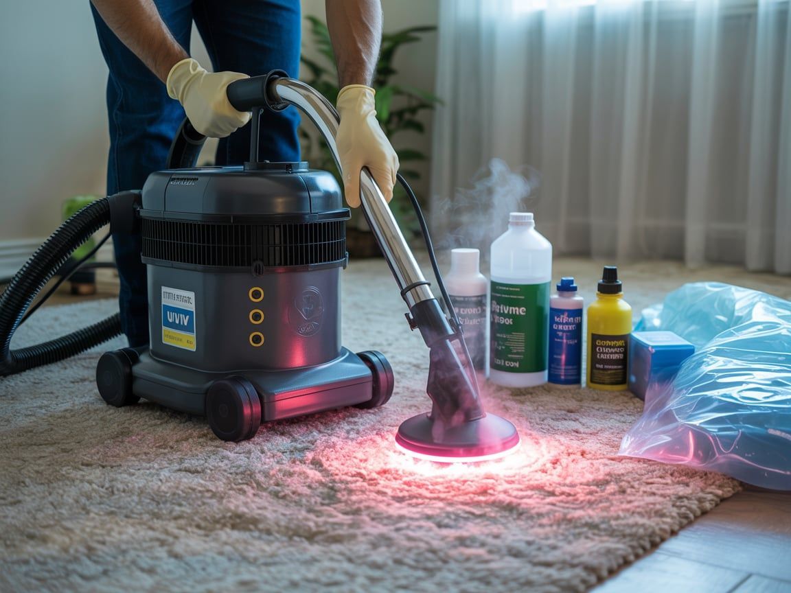 Person cleaning carpet with a steam cleaner; red light illuminates the carpet. Cleaning solutions and sponge are nearby.