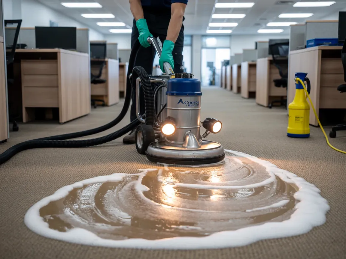 Person cleaning an office carpet with a floor cleaning machine, creating a soapy circular area.