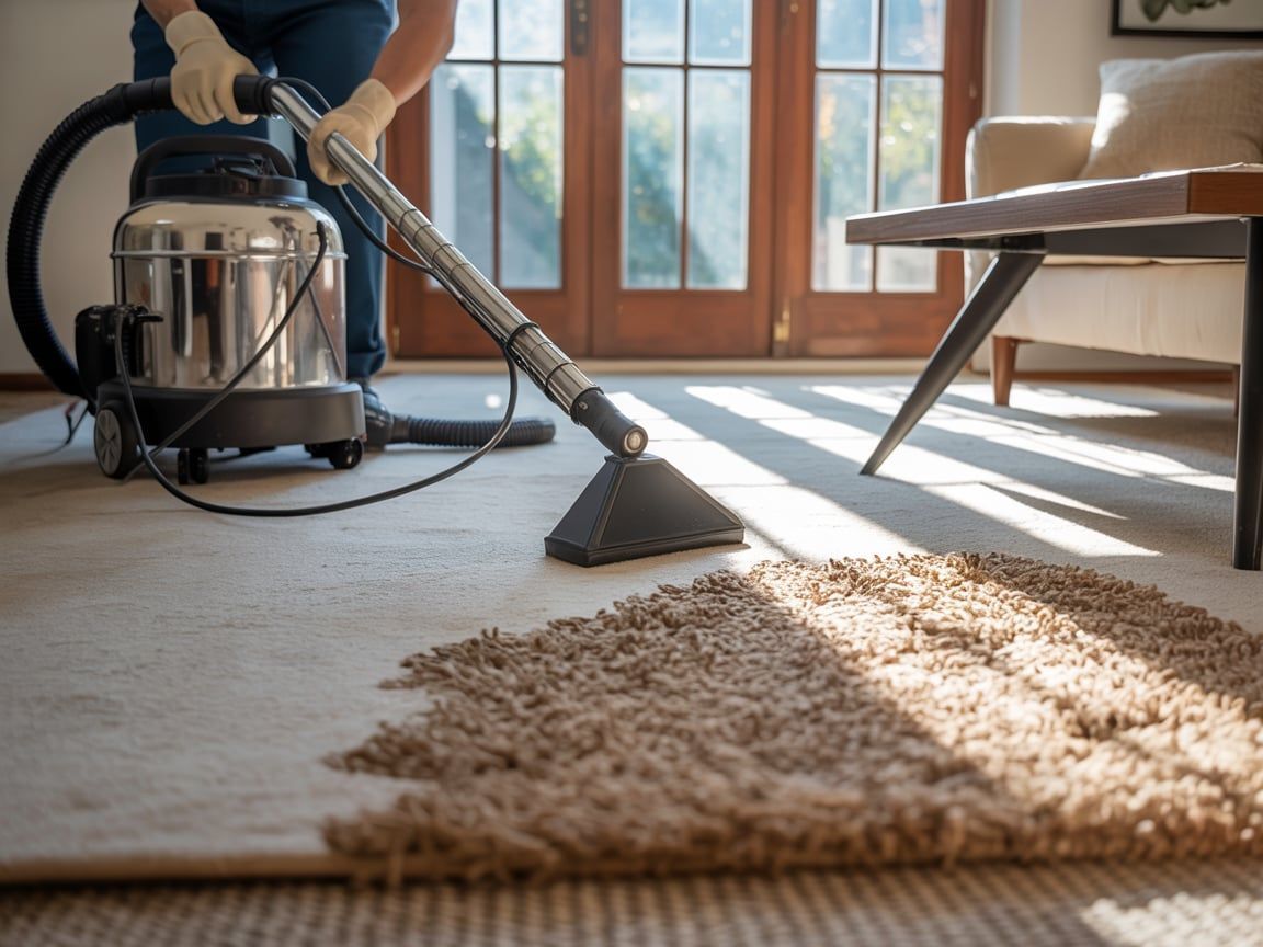 Person vacuuming a light-colored carpet, rug partially covered. Indoors, near a door and a coffee table.