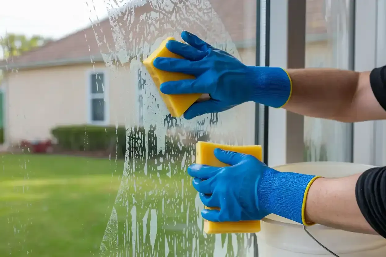 A person wearing blue gloves is cleaning a window with a sponge.