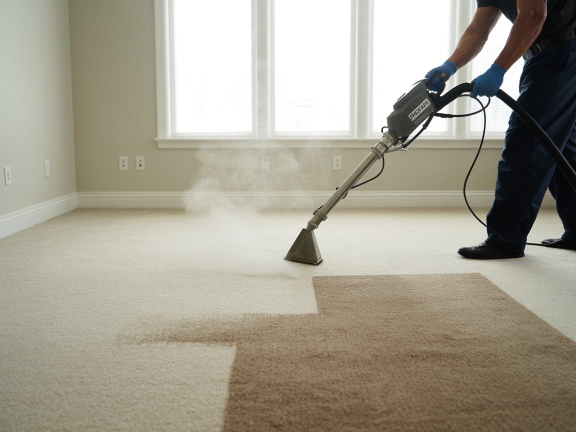 Person steam cleaning a beige carpet, revealing a clean section. The room has light walls and a window.