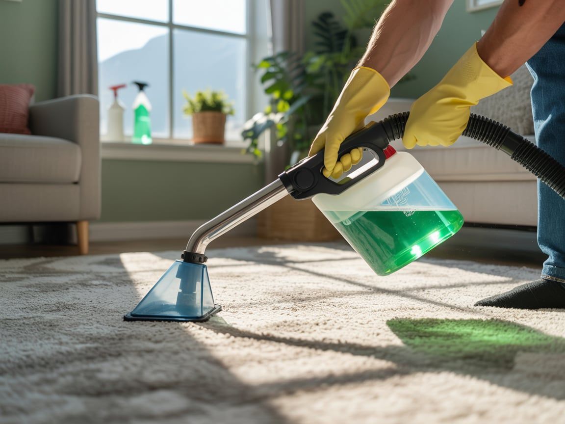 Person using a carpet cleaner with green solution to clean a rug in a sunlit room.