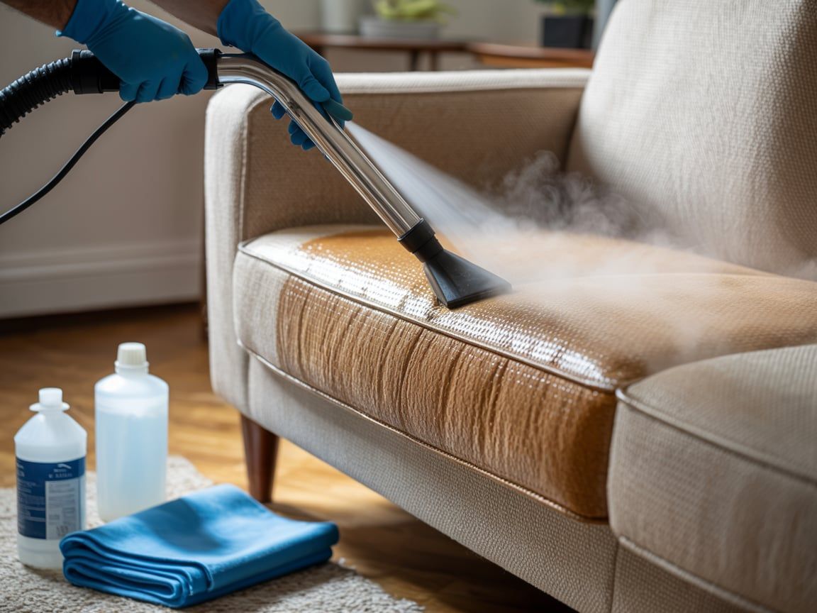 Person steam cleaning a tan leather couch with a machine; blue gloves, cleaning supplies visible.