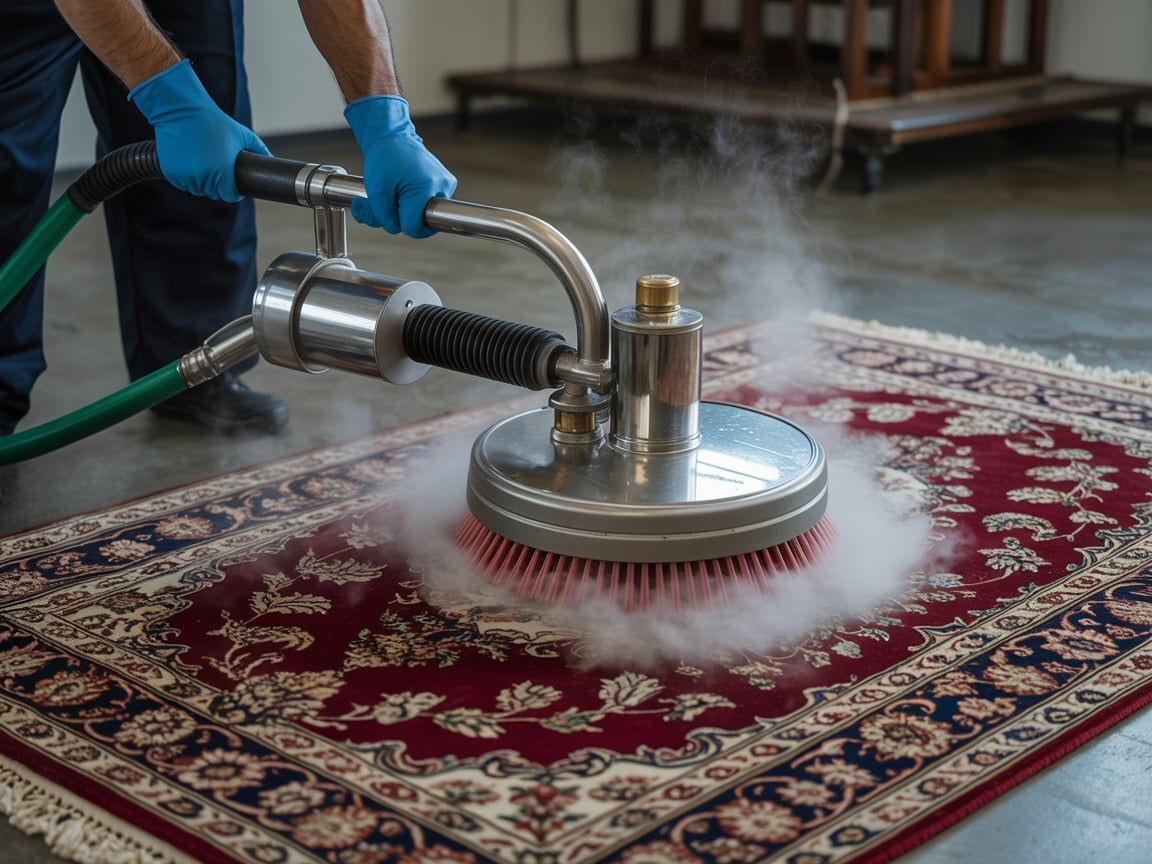 Person using a carpet cleaning machine on a patterned rug; steam visible.