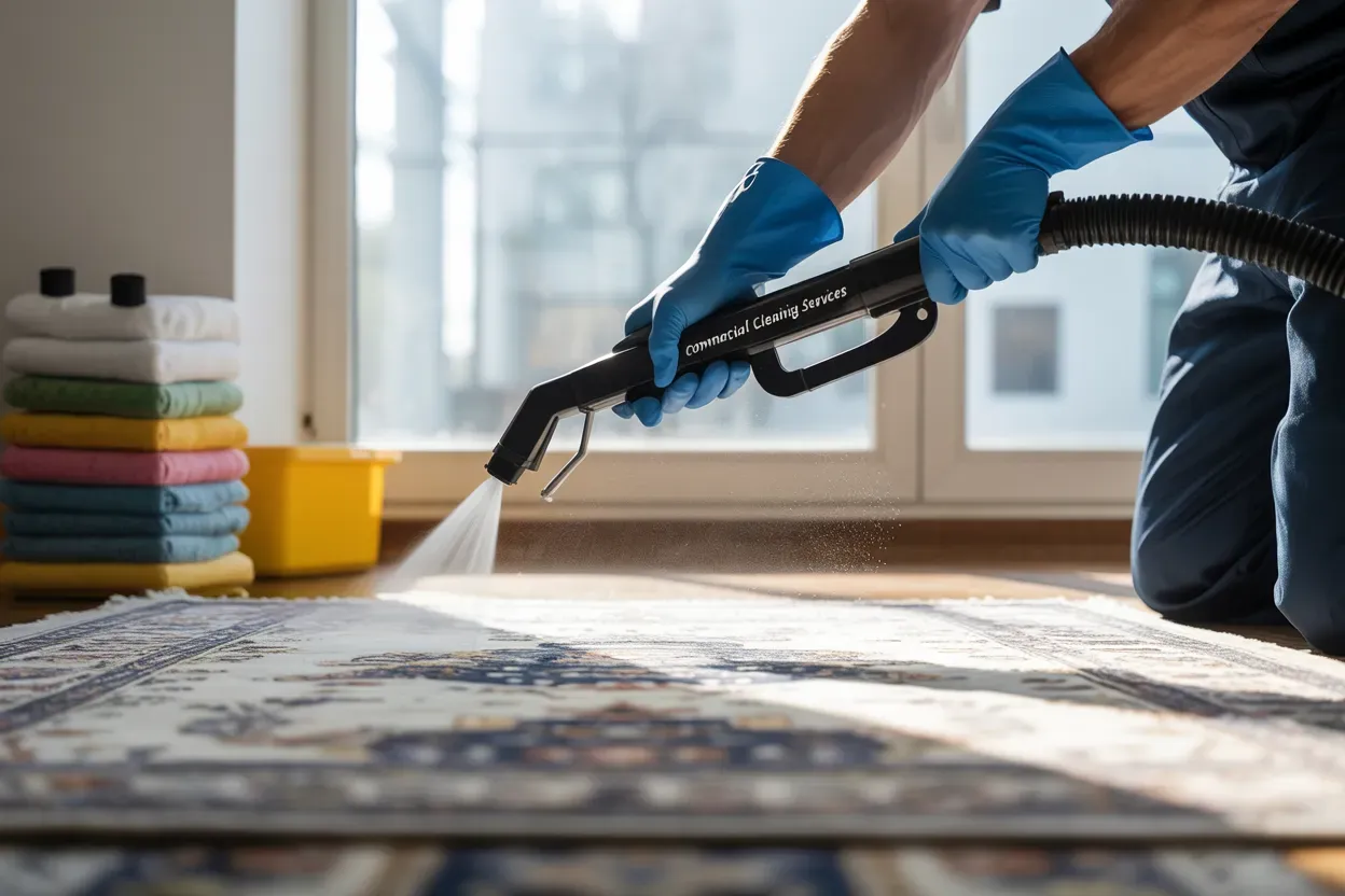 A man is cleaning a rug with a vacuum cleaner.