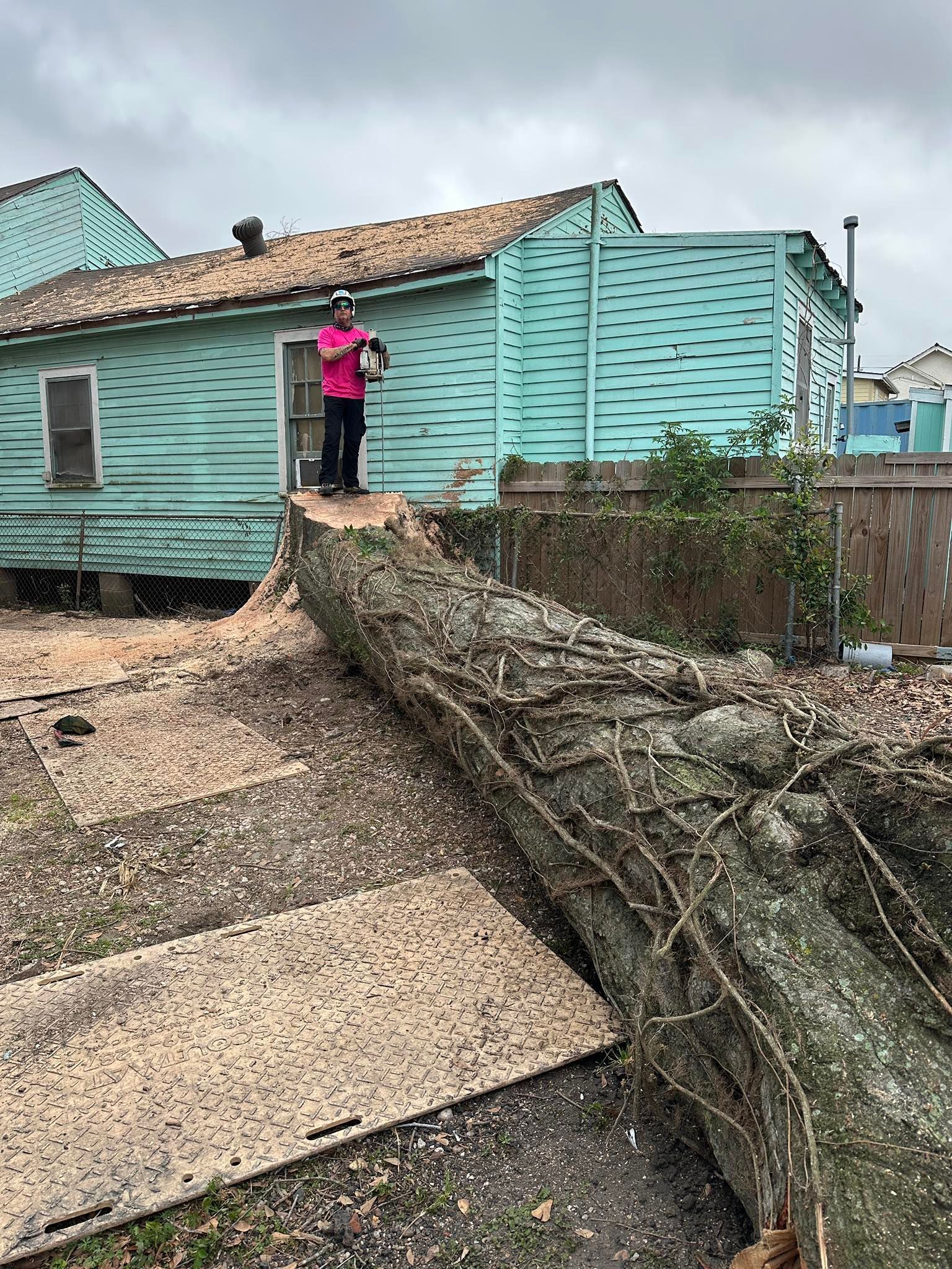 A man is standing on top of a large log in front of a house.